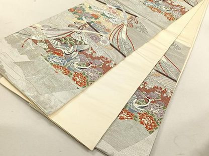 平和屋着物◎六通柄袋帯　鶴　優　プラチナ箔　正絹　逸品　CABK3027yk