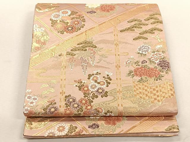 平和屋着物◎六通柄袋帯　流水草花文　金糸　正絹　逸品　CABK3030yk