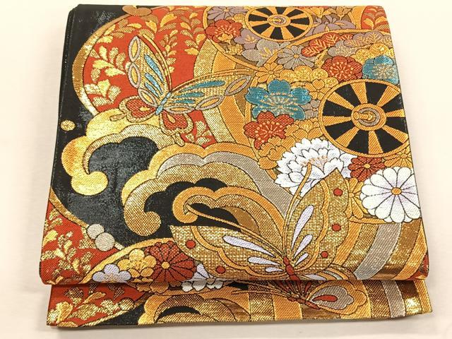 平和屋着物◎六通柄袋帯　源氏車花蝶文　金糸　正絹　逸品　CABK3037yk