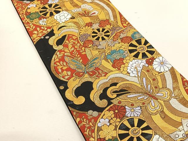 平和屋着物◎六通柄袋帯　源氏車花蝶文　金糸　正絹　逸品　CABK3037yk