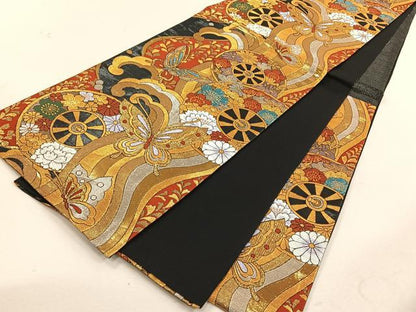 平和屋着物◎六通柄袋帯　源氏車花蝶文　金糸　正絹　逸品　CABK3037yk