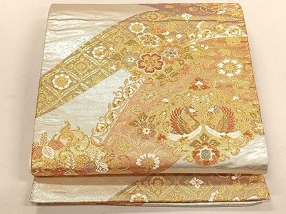 平和屋着物◎六通柄袋帯　向かい鳥花文　金銀糸　正絹　逸品　CABK3046yk