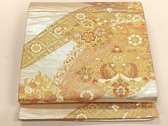 平和屋着物◎六通柄袋帯　向かい鳥花文　金銀糸　正絹　逸品　CABK3046yk