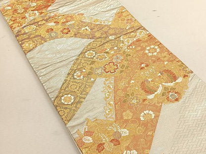 平和屋着物◎六通柄袋帯　向かい鳥花文　金銀糸　正絹　逸品　CABK3046yk