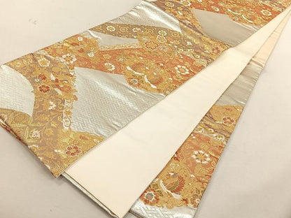 平和屋着物◎六通柄袋帯　向かい鳥花文　金銀糸　正絹　逸品　CABK3046yk