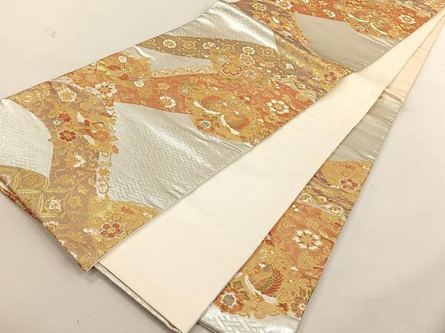 平和屋着物◎六通柄袋帯　向かい鳥花文　金銀糸　正絹　逸品　CABK3046yk