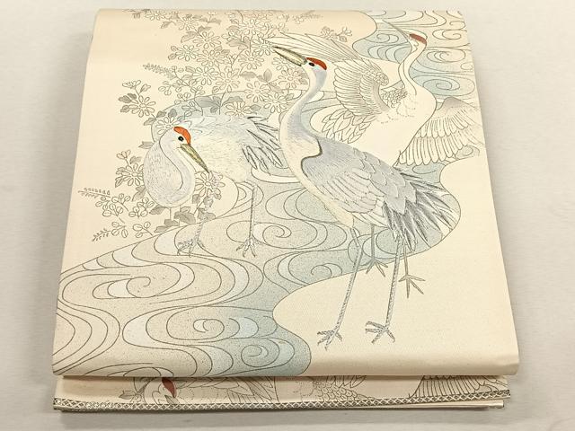 平和屋着物◎六通柄袋帯　流水草花鶴文　銀通し地　正絹　逸品　CABK3047yk
