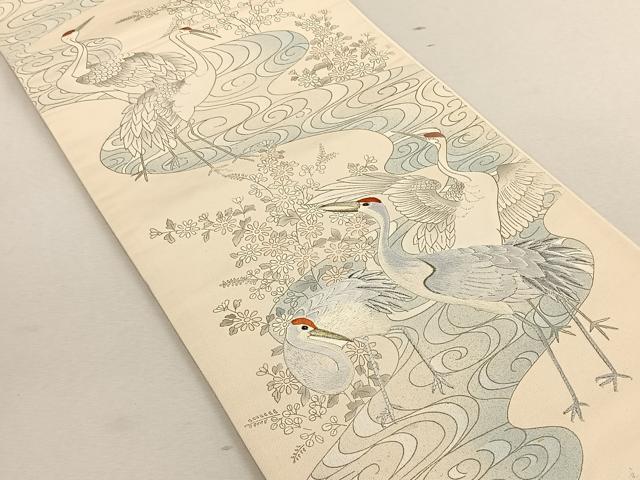 平和屋着物◎六通柄袋帯　流水草花鶴文　銀通し地　正絹　逸品　CABK3047yk