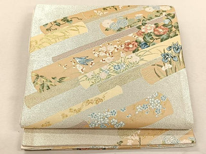 平和屋着物◎六通柄袋帯　唐織　横笛休み鳥草花文　金糸　正絹　逸品　CABK3057yk