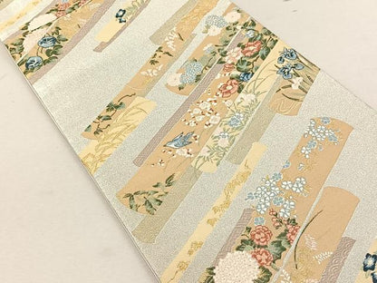 平和屋着物◎六通柄袋帯　唐織　横笛休み鳥草花文　金糸　正絹　逸品　CABK3057yk