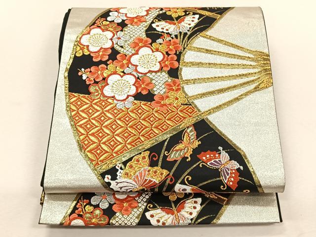 平和屋着物◎六通柄袋帯　扇面花蝶文　黒地　金銀糸　正絹　逸品　CABK3064yk