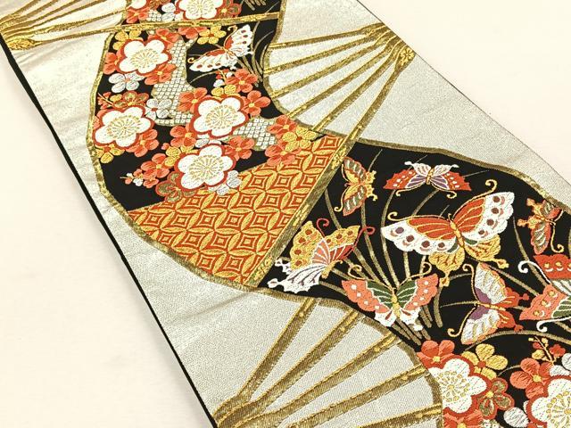 平和屋着物◎六通柄袋帯　扇面花蝶文　黒地　金銀糸　正絹　逸品　CABK3064yk