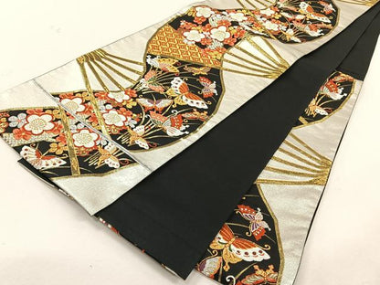 平和屋着物◎六通柄袋帯　扇面花蝶文　黒地　金銀糸　正絹　逸品　CABK3064yk