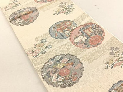 平和屋着物◎六通柄袋帯　雪輪御所車花文　金糸　正絹　逸品　CABK3065yk