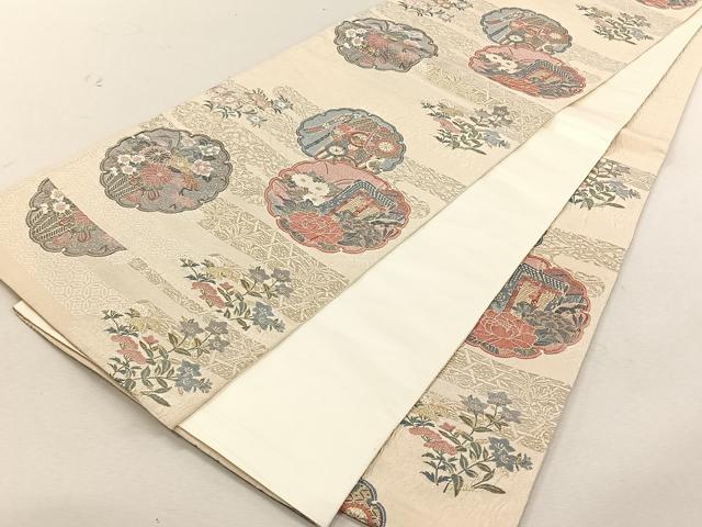 平和屋着物◎六通柄袋帯　雪輪御所車花文　金糸　正絹　逸品　CABK3065yk