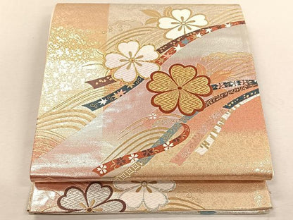 平和屋着物◎六通柄袋帯　唐織　流水舞桜文　金銀糸　正絹　逸品　未使用　CABK3069yk