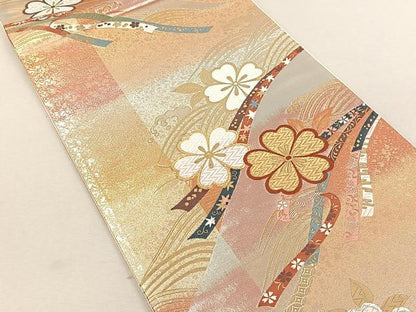 平和屋着物◎六通柄袋帯　唐織　流水舞桜文　金銀糸　正絹　逸品　未使用　CABK3069yk