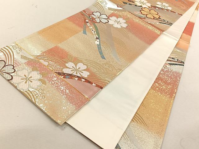 平和屋着物◎六通柄袋帯　唐織　流水舞桜文　金銀糸　正絹　逸品　未使用　CABK3069yk