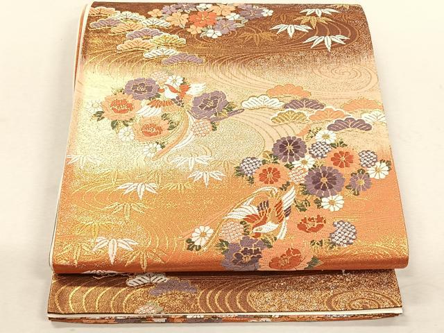 平和屋着物◎六通柄袋帯　唐織　流水鳳凰草花文　松竹梅　金糸　正絹　逸品　未使用　CABK3070yk