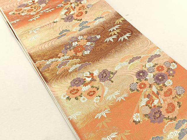 平和屋着物◎六通柄袋帯　唐織　流水鳳凰草花文　松竹梅　金糸　正絹　逸品　未使用　CABK3070yk