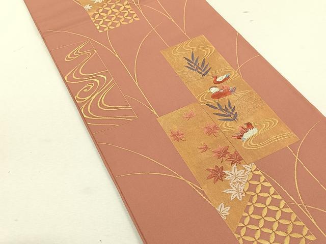 平和屋着物◎六通柄袋帯　短冊流水鴛鴦文　金糸　正絹　逸品　CABK3073yk