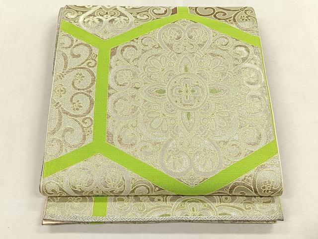 平和屋着物◎六通柄袋帯　亀甲花唐草文　銀糸　正絹　逸品　CABK3081yk