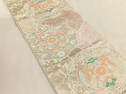 平和屋着物◎六通柄袋帯　絵皿花文　銀糸　正絹　逸品　CABK3086yk