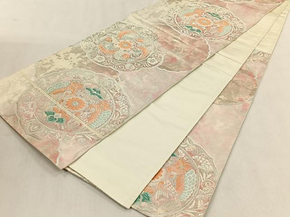 平和屋着物◎六通柄袋帯　絵皿花文　銀糸　正絹　逸品　CABK3086yk