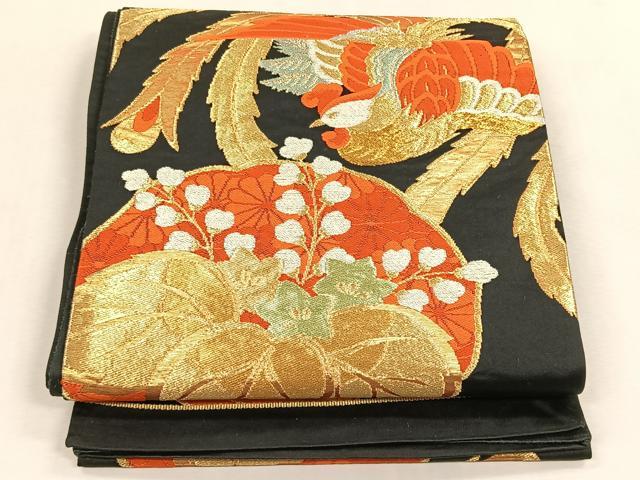 平和屋着物◎六通柄袋帯　鳳凰草花文　黒地　金銀糸　正絹　逸品　CABK3089yk