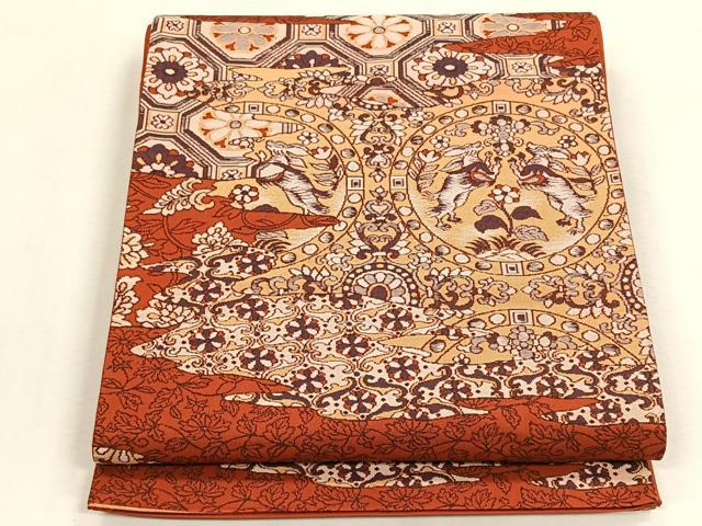 平和屋着物◎全通柄袋帯　正倉院　向かい動物花唐草文　正絹　逸品　CABK3095yk