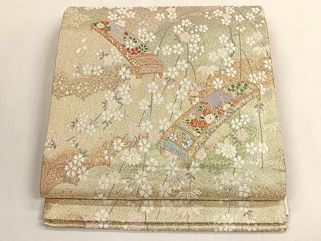 平和屋着物◎西陣　六通柄袋帯　琴　枝桜　金糸　証紙付き　正絹　逸品　CABK3098yk