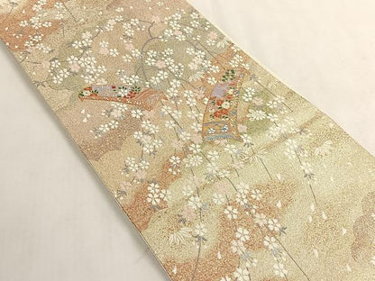 平和屋着物◎西陣　六通柄袋帯　琴　枝桜　金糸　証紙付き　正絹　逸品　CABK3098yk