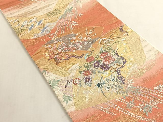 平和屋着物◎六通柄袋帯　唐織　扇面草花文　金糸　正絹　逸品　CABK3104yk