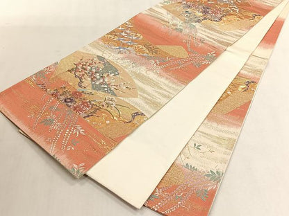 平和屋着物◎六通柄袋帯　唐織　扇面草花文　金糸　正絹　逸品　CABK3104yk