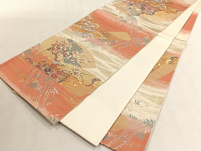 平和屋着物◎六通柄袋帯　唐織　扇面草花文　金糸　正絹　逸品　CABK3104yk
