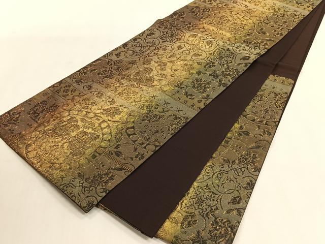 平和屋着物◎六通柄袋帯　向かい鳥更紗花唐草文　金糸　引箔　正絹　逸品　CABK3108yk