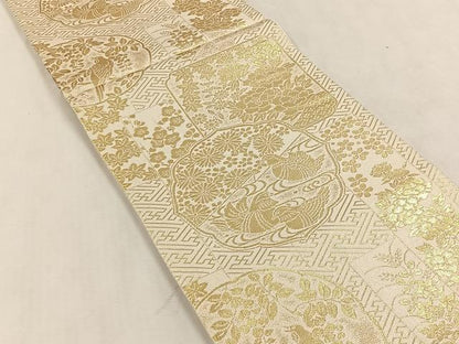 平和屋着物◎六通柄袋帯　鴛鴦草花文　金糸　松坂屋扱い　正絹　逸品　未使用　CABK3112yk