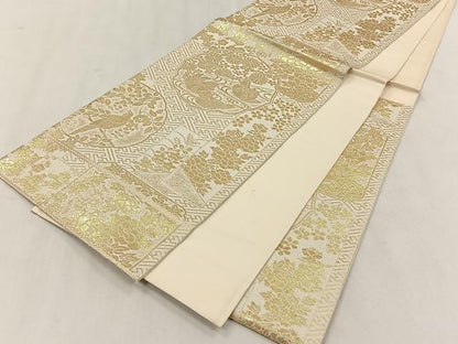 平和屋着物◎六通柄袋帯　鴛鴦草花文　金糸　松坂屋扱い　正絹　逸品　未使用　CABK3112yk
