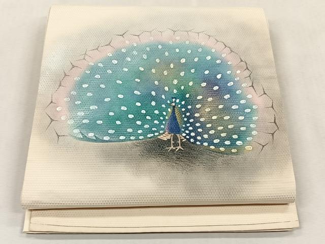 平和屋着物◎太鼓柄袋帯　手描き　孔雀　金銀彩　正絹　逸品　CABK3118yk