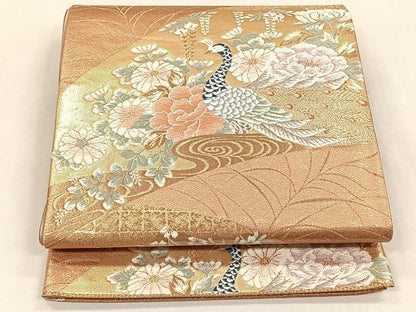 平和屋着物◎六通柄袋帯　唐織　孔雀草花文　金銀糸　正絹　逸品　未使用　CABK3127yk