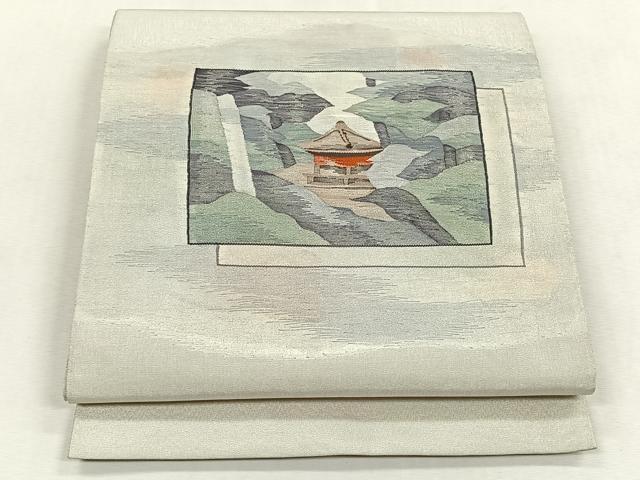 平和屋着物◎太鼓柄袋帯　色紙重ね風景文　銀糸　正絹　逸品　CABK3132yk