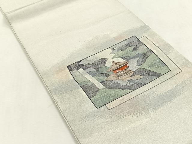 平和屋着物◎太鼓柄袋帯　色紙重ね風景文　銀糸　正絹　逸品　CABK3132yk