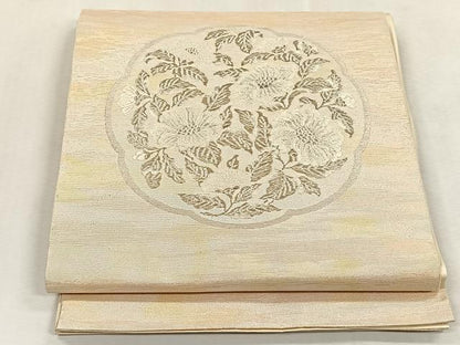 平和屋着物◎太鼓柄袋帯　唐織　本手織　枝花文　銀糸　正絹　逸品　CABK3138yk