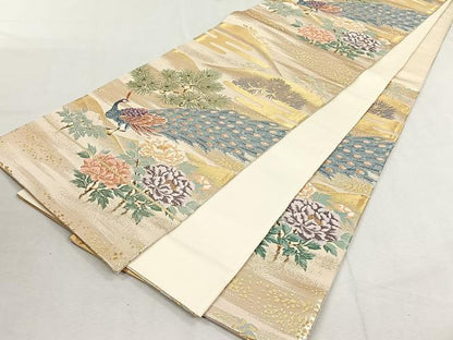 平和屋着物◎六通柄袋帯　唐織　日本屏風絵　山水式花鳥図　伝雪舟　金銀糸　正絹　逸品　CABK3150yk