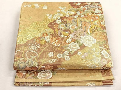 平和屋着物◎佐賀錦　六通柄袋帯　唐織　御所車花鳥文　金糸　正絹　逸品　CABK3157yk