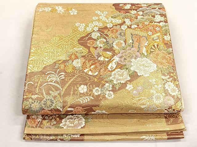 平和屋着物◎佐賀錦　六通柄袋帯　唐織　御所車花鳥文　金糸　正絹　逸品　CABK3157yk