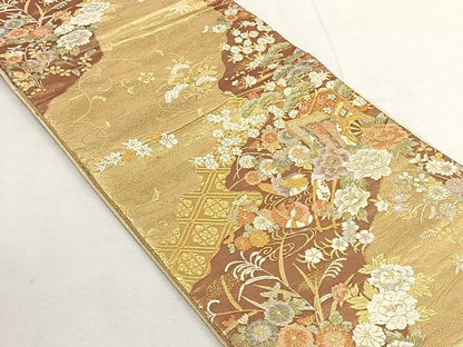 平和屋着物◎佐賀錦　六通柄袋帯　唐織　御所車花鳥文　金糸　正絹　逸品　CABK3157yk