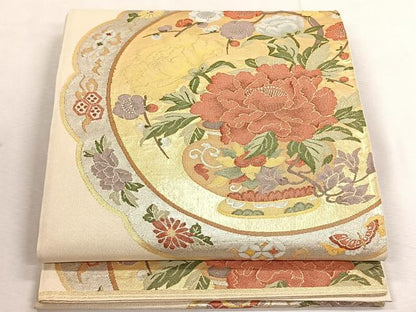 平和屋着物◎六通柄袋帯　花蝶絵皿文　金銀糸　正絹　逸品　CABK3162yk
