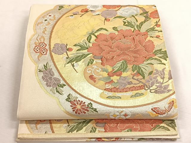 平和屋着物◎六通柄袋帯　花蝶絵皿文　金銀糸　正絹　逸品　CABK3162yk
