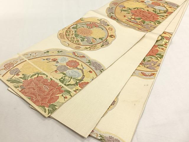 平和屋着物◎六通柄袋帯　花蝶絵皿文　金銀糸　正絹　逸品　CABK3162yk
